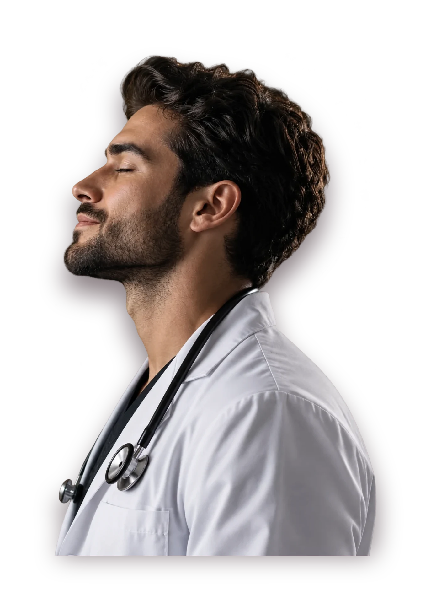 Médico de jaleco e estetoscópio, de perfil e de olhos fechados, com um leve sorriso.